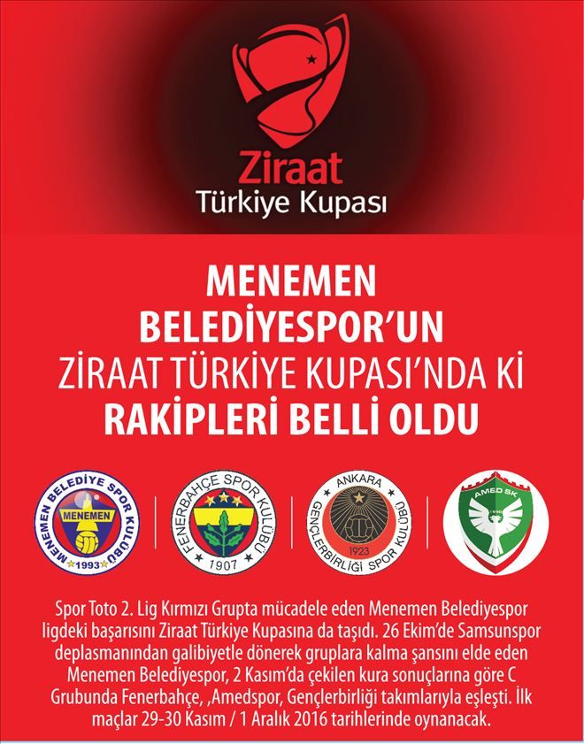 MENEMEN  BELEDİYESPOR´UN  ZİRAAT TÜRKİYE KUPASI´NDA Kİ  RAKİPLERİ BELLİ OLDU