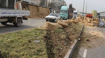 Menemen'de saman yüklü TIR devrildi 